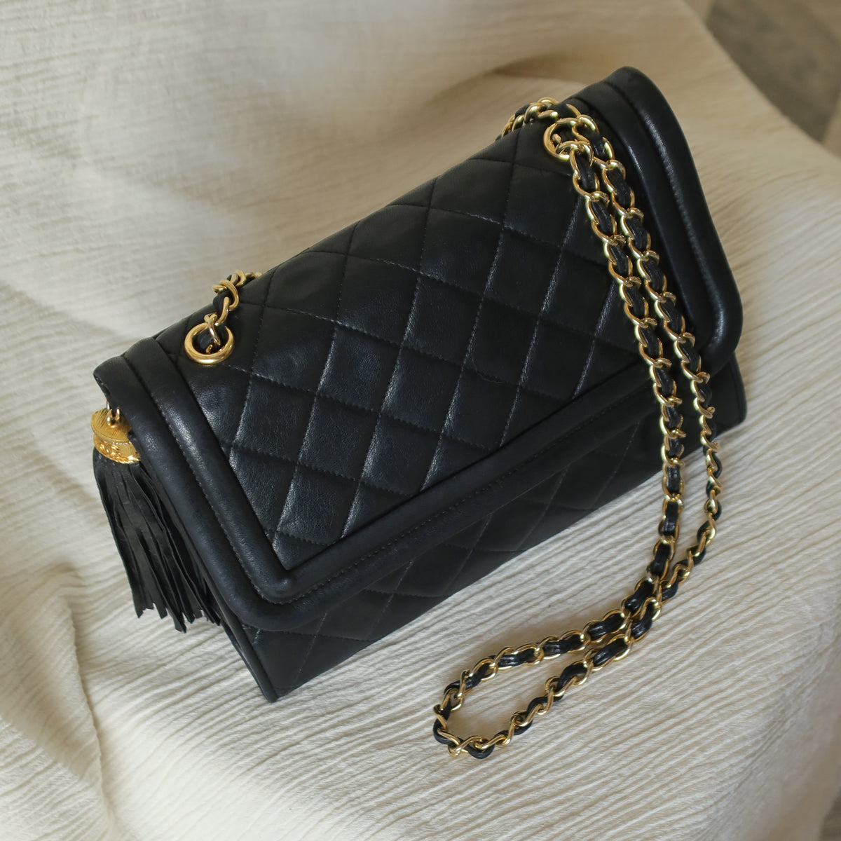 Chanel Vintage Black Lambskin Leather CC Tassel Double Rims Shoulder Flap Bag