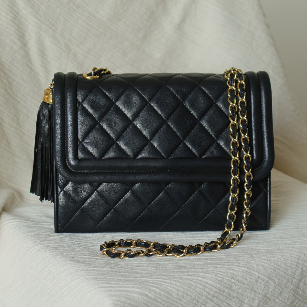 Chanel Vintage Black Lambskin Leather CC Tassel Double Rims Shoulder Flap Bag