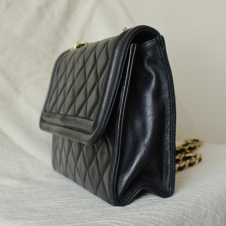 Chanel Vintage Black Lambskin Leather CC Tassel Double Rims Shoulder Flap Bag