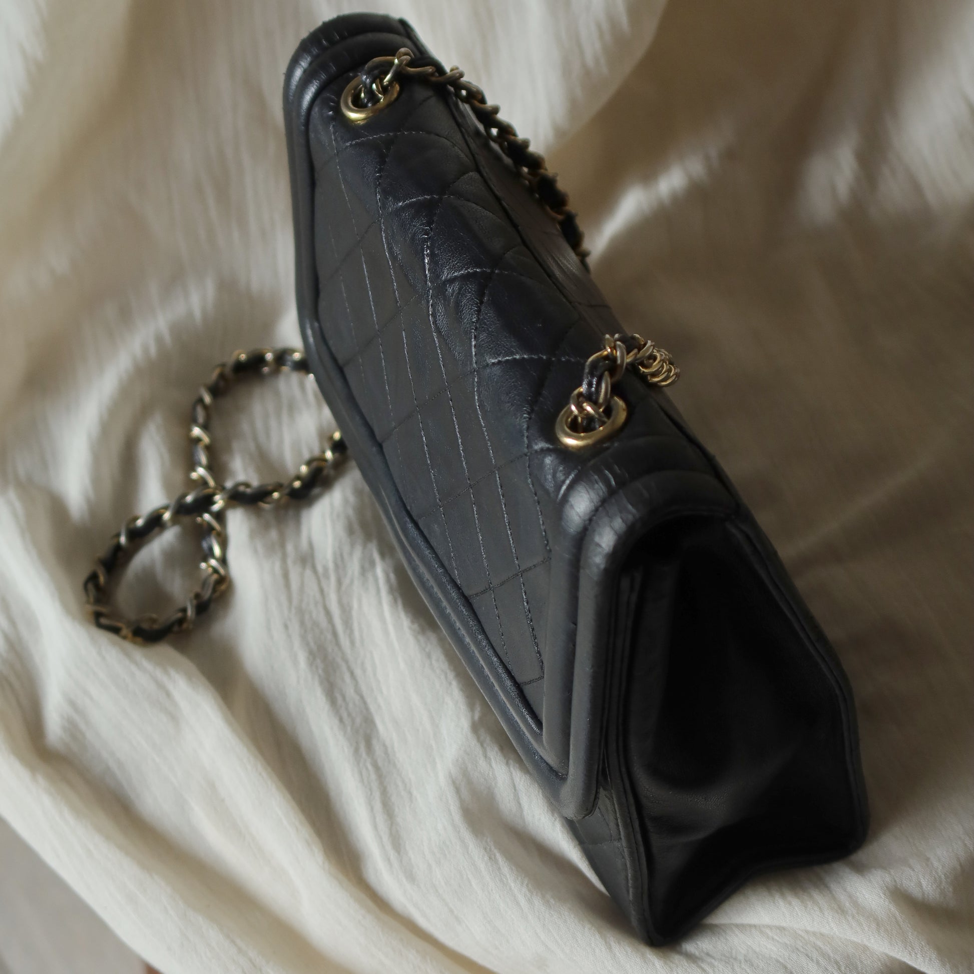 Chanel Vintage Gold Chain Tassel Black Lambskin Flap Bag