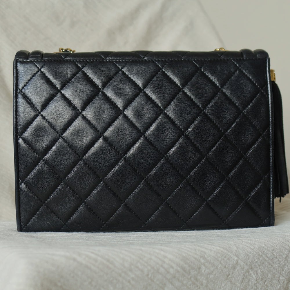 Chanel Vintage Black Lambskin Leather CC Tassel Double Rims Shoulder Flap Bag