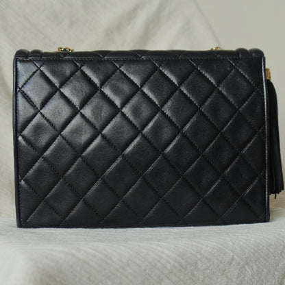 Chanel Vintage Black Lambskin Leather CC Tassel Double Rims Shoulder Flap Bag