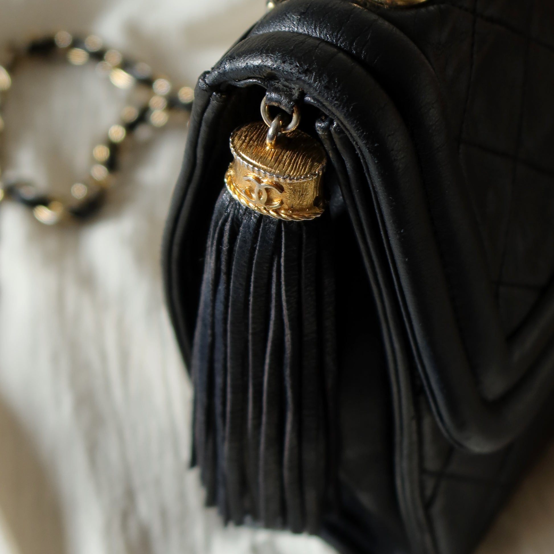 Chanel Vintage Gold Chain Tassel Black Lambskin Flap Bag
