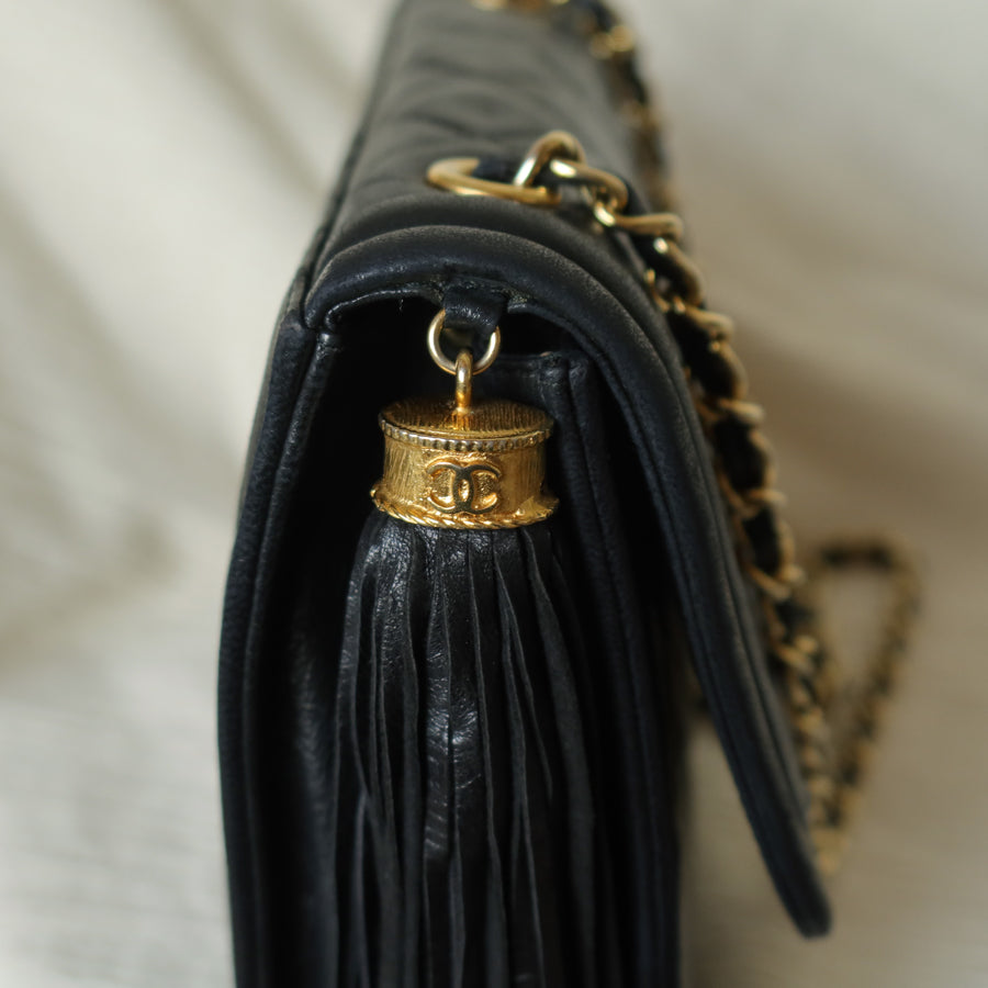 Chanel Vintage Black Lambskin Leather CC Tassel Double Rims Shoulder Flap Bag