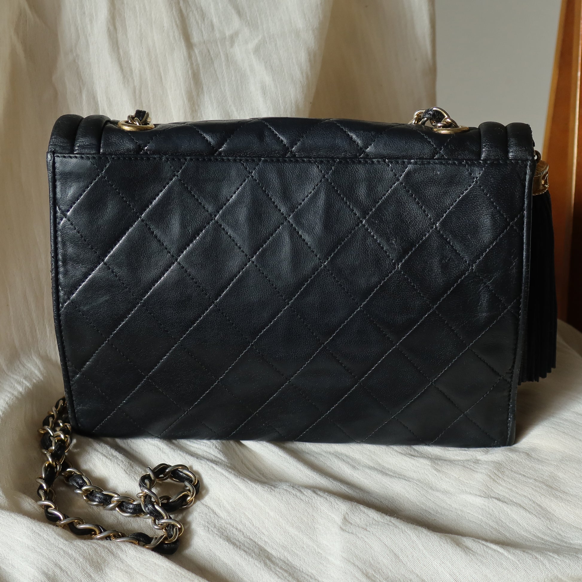 Chanel Vintage Gold Chain Tassel Black Lambskin Flap Bag