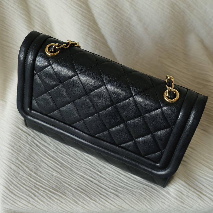 Chanel Vintage Black Lambskin Leather CC Tassel Double Rims Shoulder Flap Bag