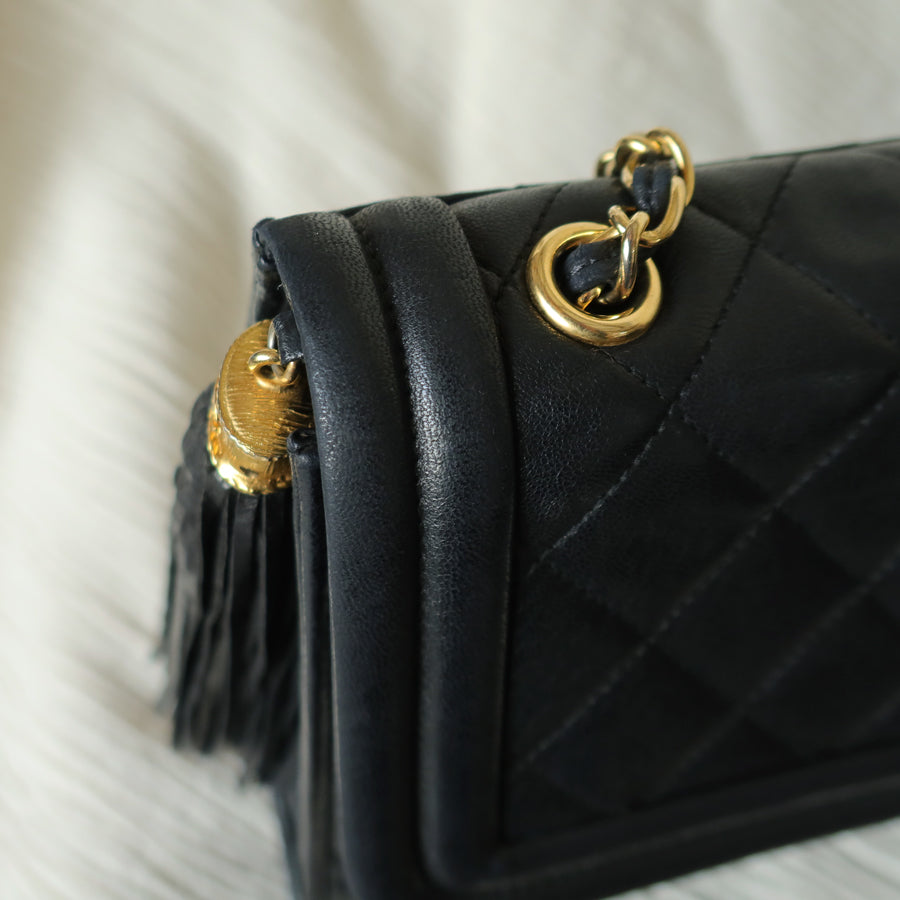 Chanel Vintage Black Lambskin Leather CC Tassel Double Rims Shoulder Flap Bag