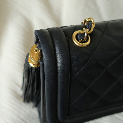 Chanel Vintage Black Lambskin Leather CC Tassel Double Rims Shoulder Flap Bag
