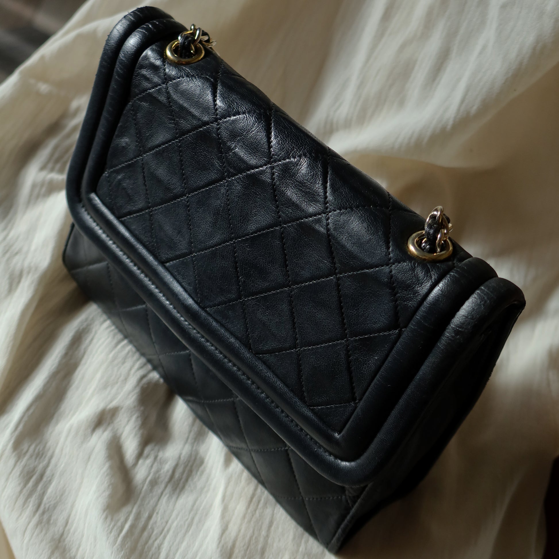 Chanel Vintage Gold Chain Tassel Black Lambskin Flap Bag