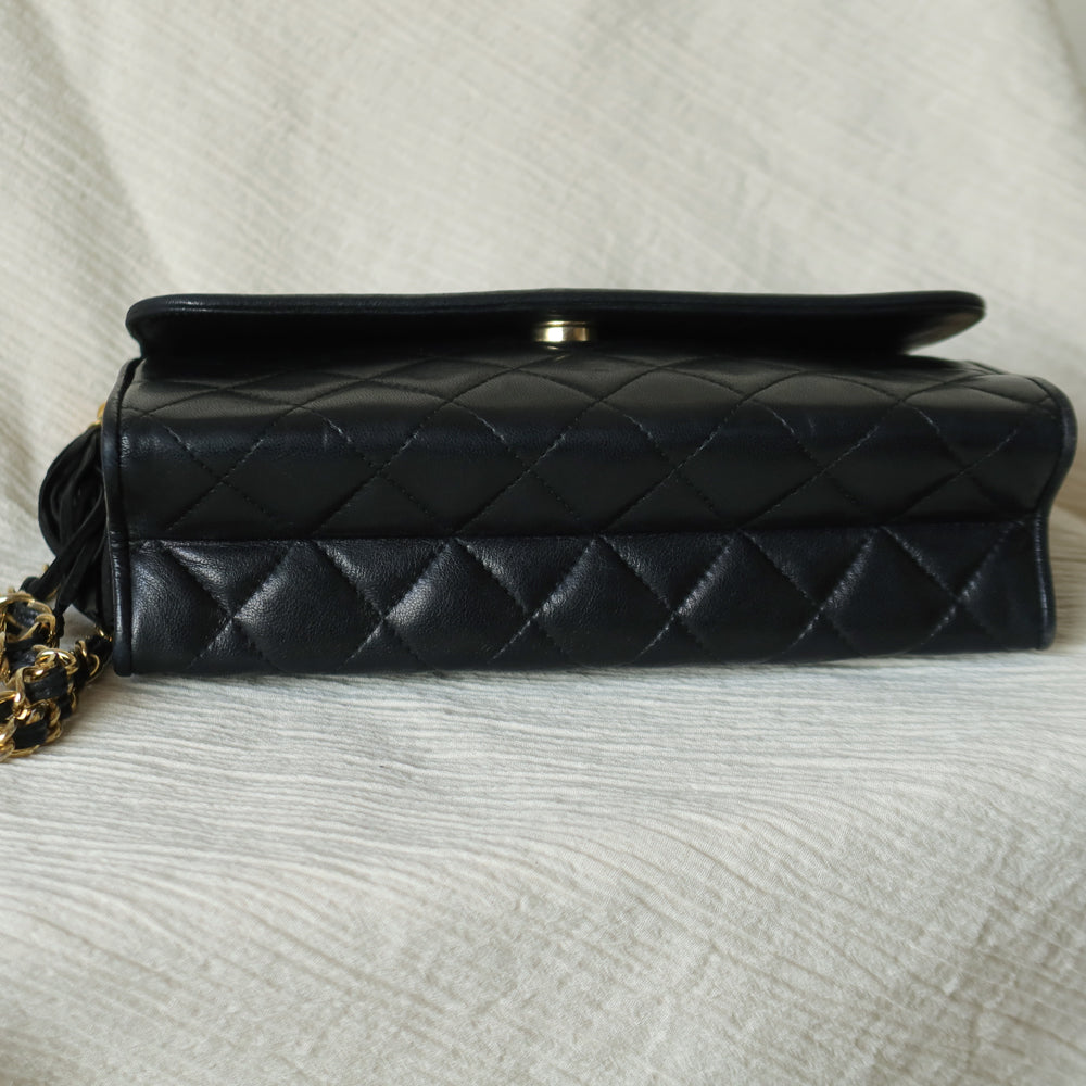Chanel Vintage Black Lambskin Leather CC Tassel Double Rims Shoulder Flap Bag