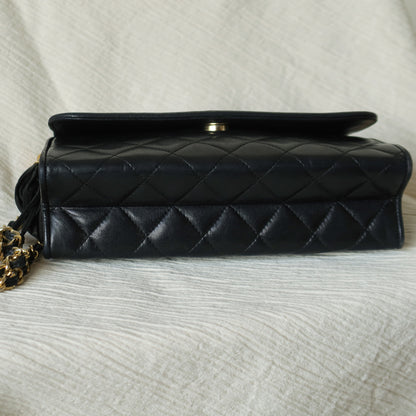 Chanel Vintage Black Lambskin Leather CC Tassel Double Rims Shoulder Flap Bag