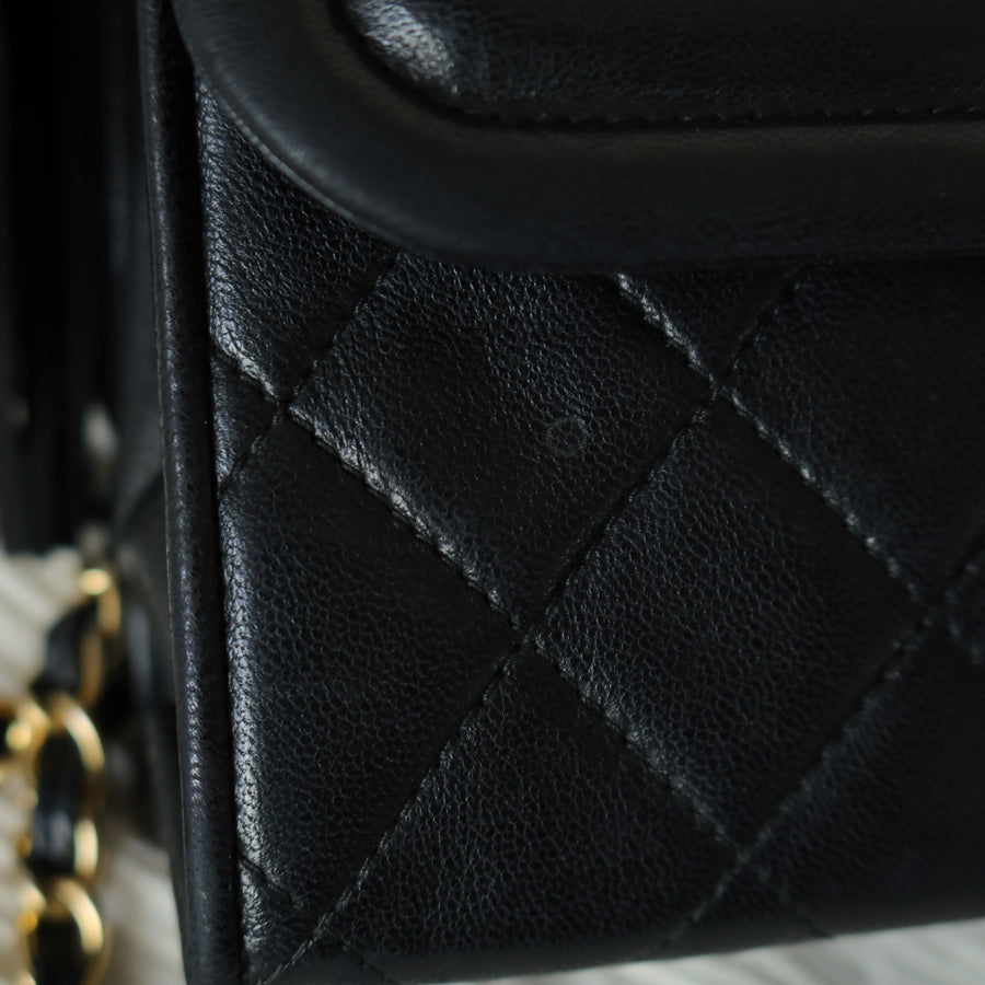 Chanel Vintage Black Lambskin Leather CC Tassel Double Rims Shoulder Flap Bag