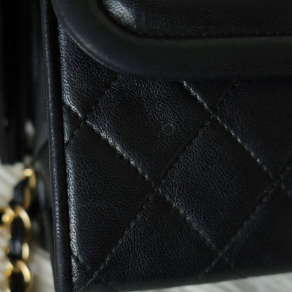 Chanel Vintage Black Lambskin Leather CC Tassel Double Rims Shoulder Flap Bag