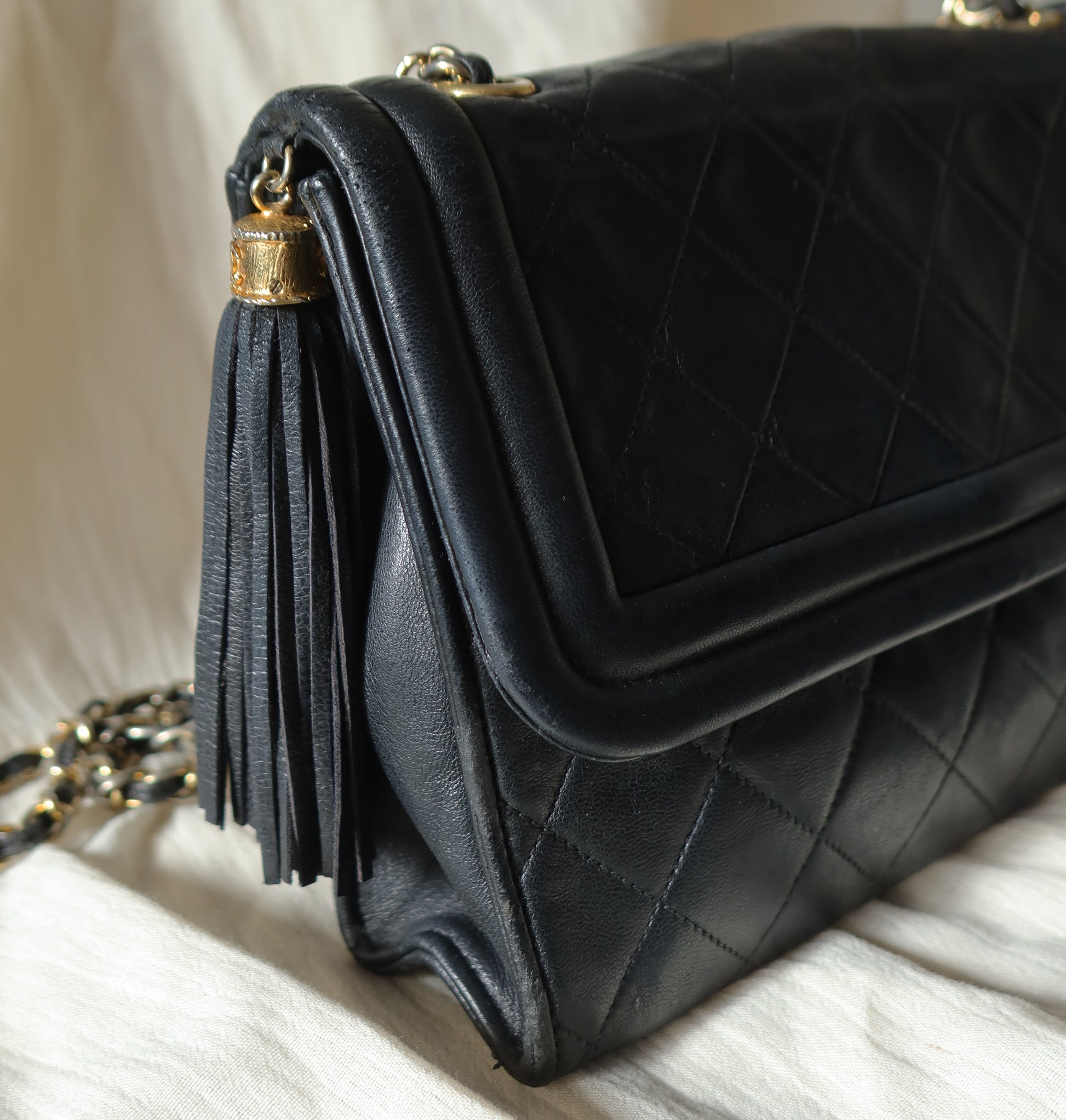 Chanel Vintage Gold Chain Tassel Black Lambskin Flap Bag