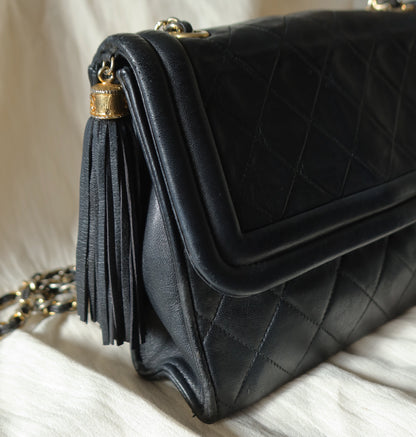 Chanel Vintage Gold Chain Tassel Black Lambskin Flap Bag