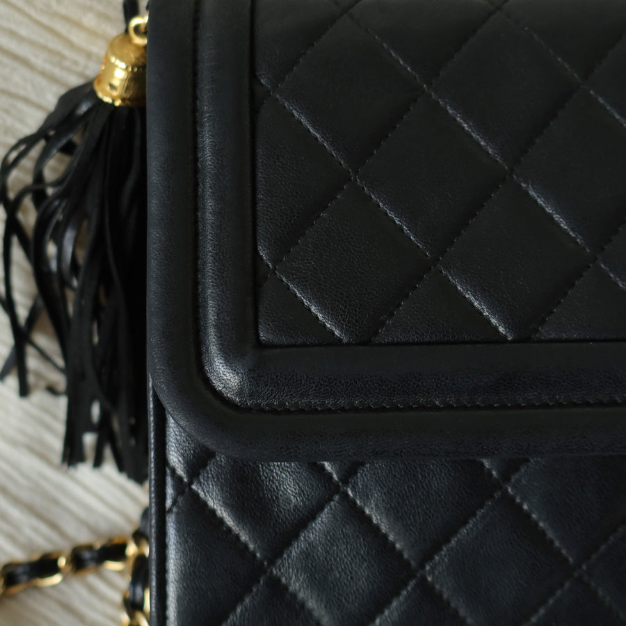 Chanel Vintage Black Lambskin Leather CC Tassel Double Rims Shoulder Flap Bag