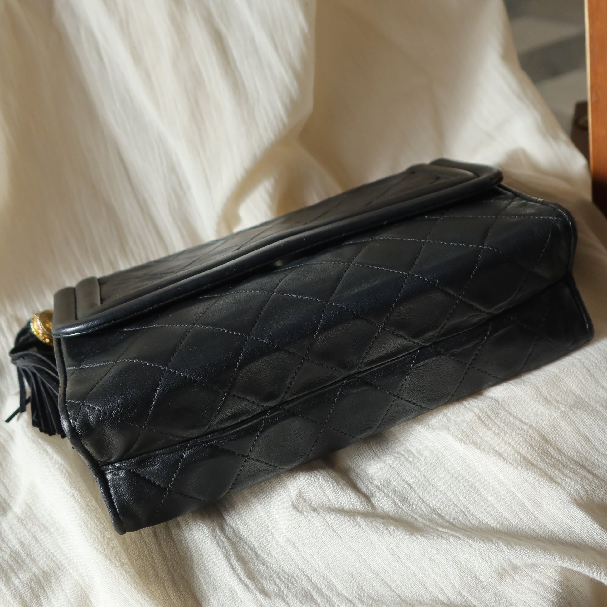 Chanel Vintage Gold Chain Tassel Black Lambskin Flap Bag