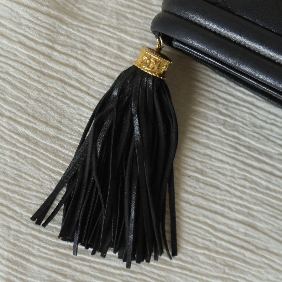 Chanel Vintage Black Lambskin Leather CC Tassel Double Rims Shoulder Flap Bag