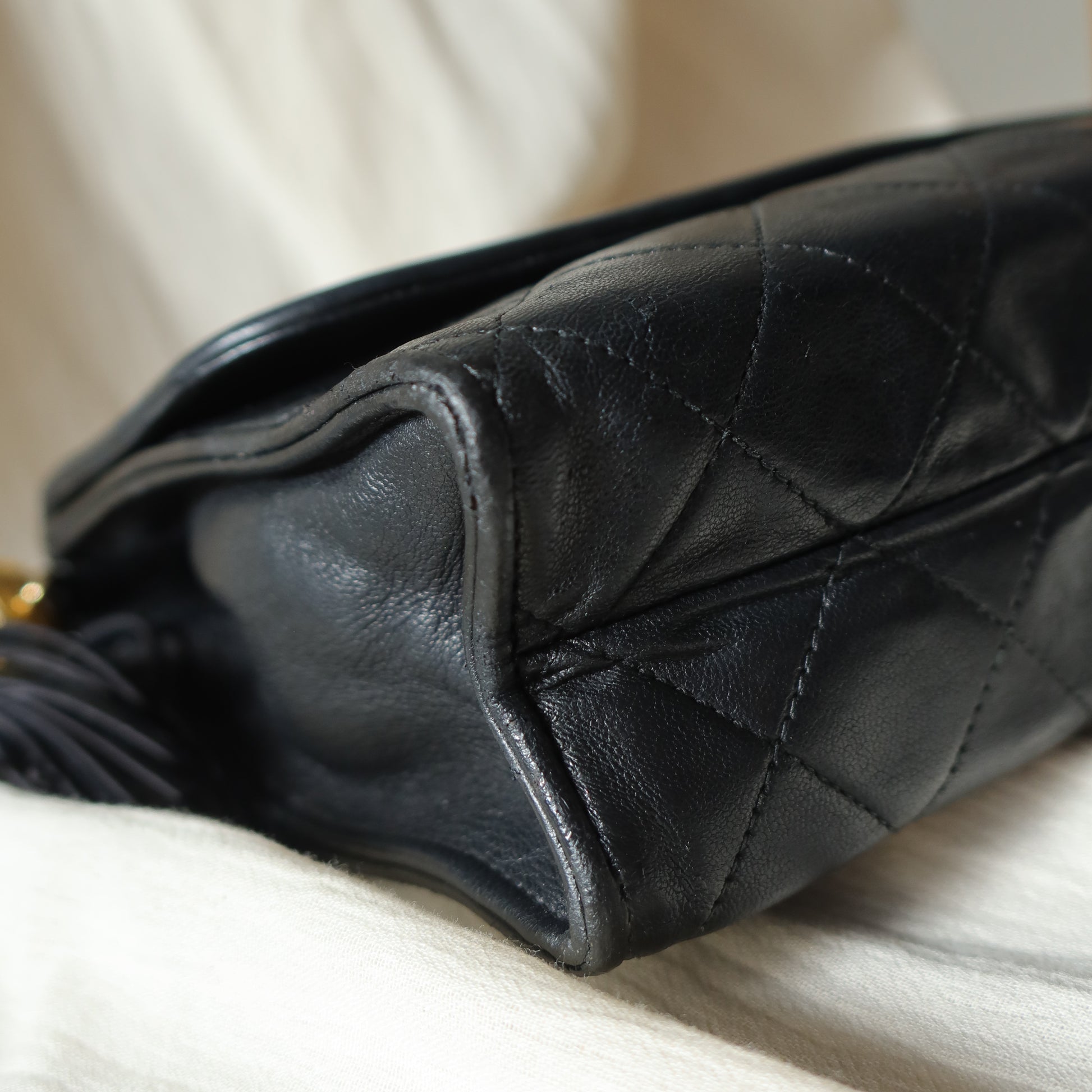 Chanel Vintage Gold Chain Tassel Black Lambskin Flap Bag