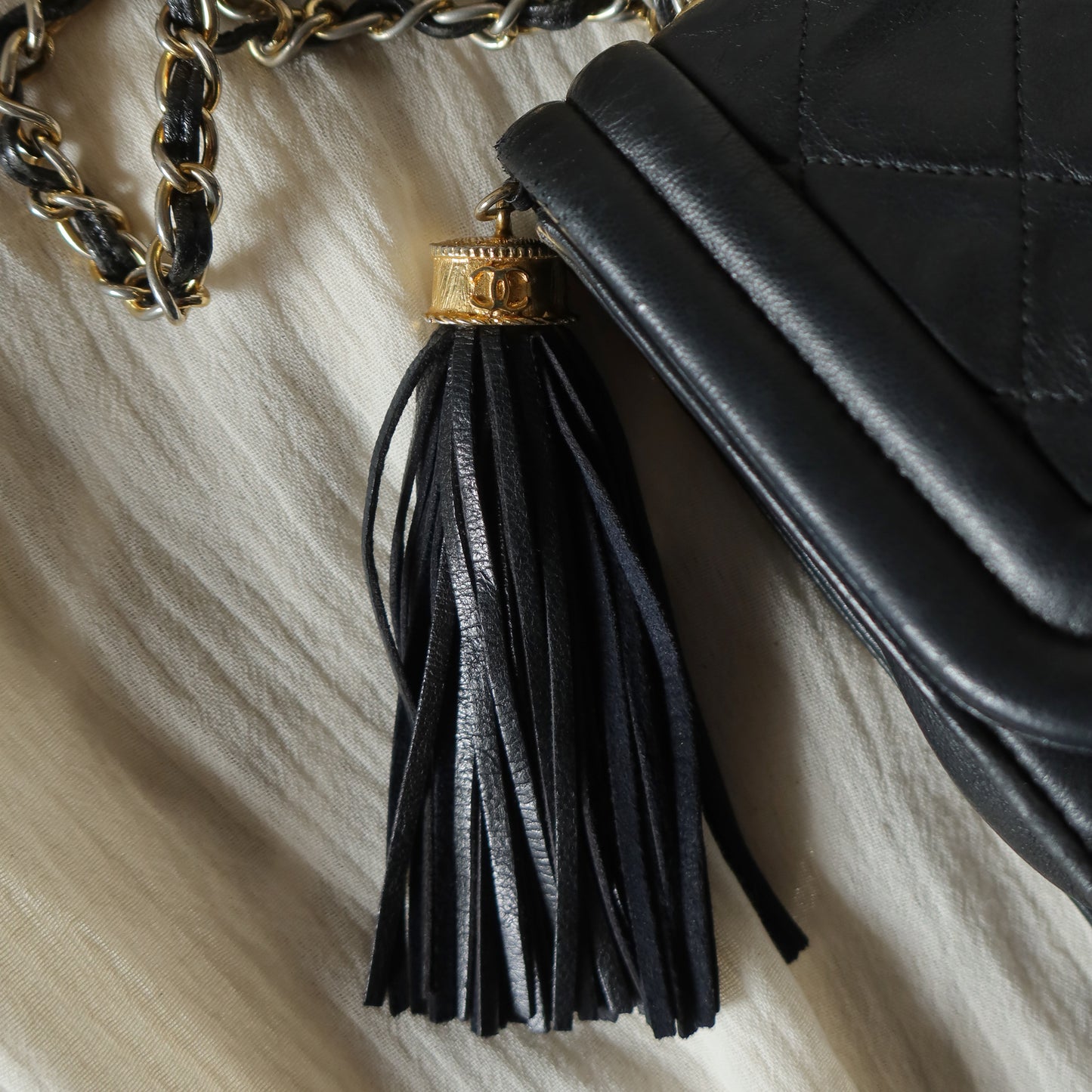 Chanel Vintage Gold Chain Tassel Black Lambskin Flap Bag