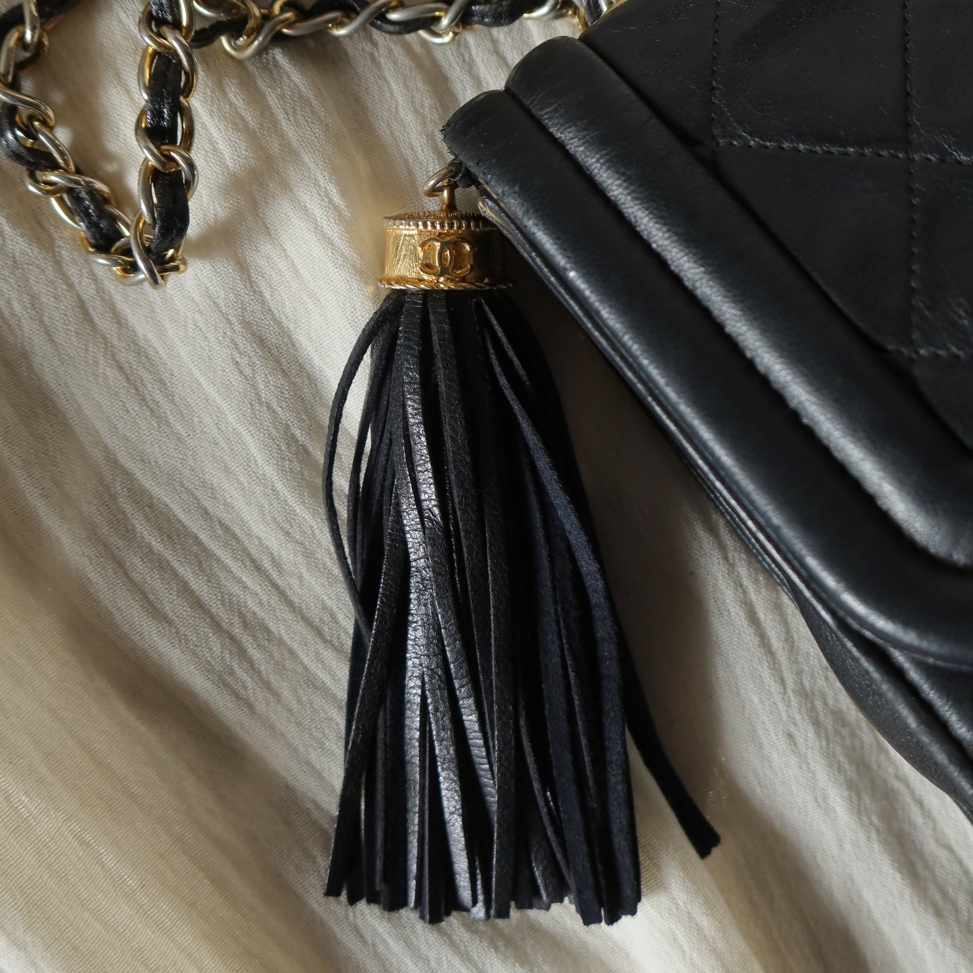 Chanel Vintage Gold Chain Tassel Black Lambskin Flap Bag