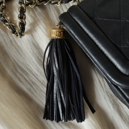 Chanel Vintage Gold Chain Tassel Black Lambskin Flap Bag