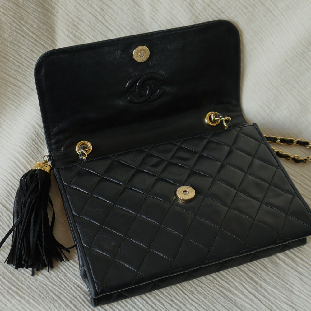 Chanel Vintage Black Lambskin Leather CC Tassel Double Rims Shoulder Flap Bag