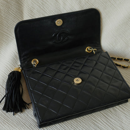 Chanel Vintage Black Lambskin Leather CC Tassel Double Rims Shoulder Flap Bag