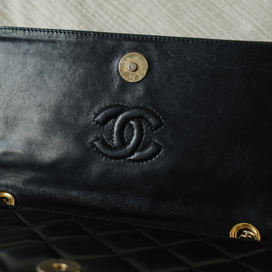 Chanel Vintage Black Lambskin Leather CC Tassel Double Rims Shoulder Flap Bag