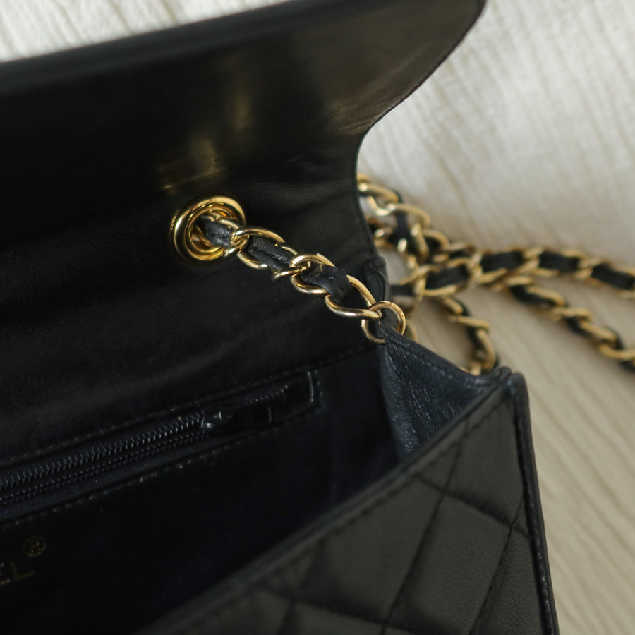 Chanel Vintage Black Lambskin Leather CC Tassel Double Rims Shoulder Flap Bag