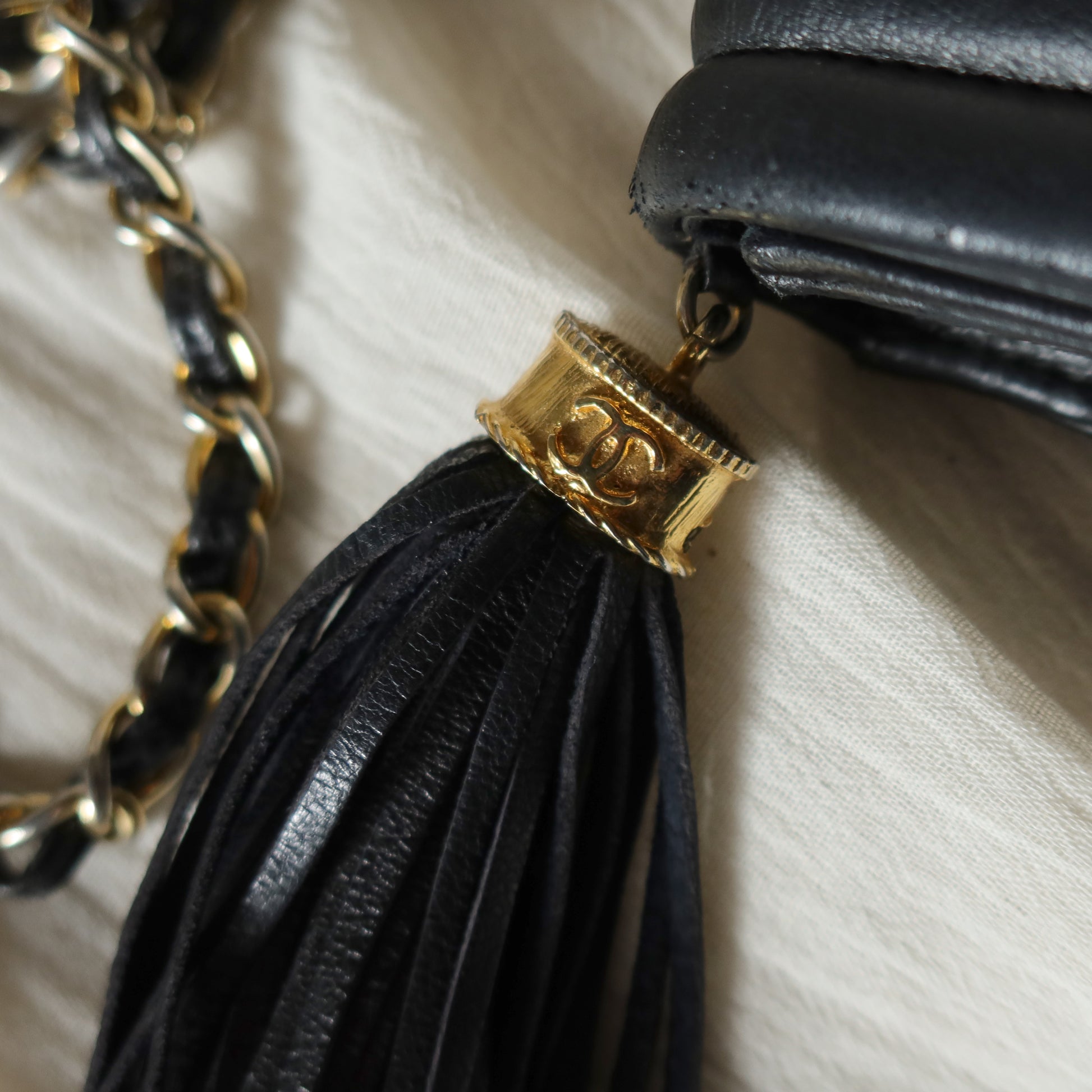 Chanel Vintage Gold Chain Tassel Black Lambskin Flap Bag