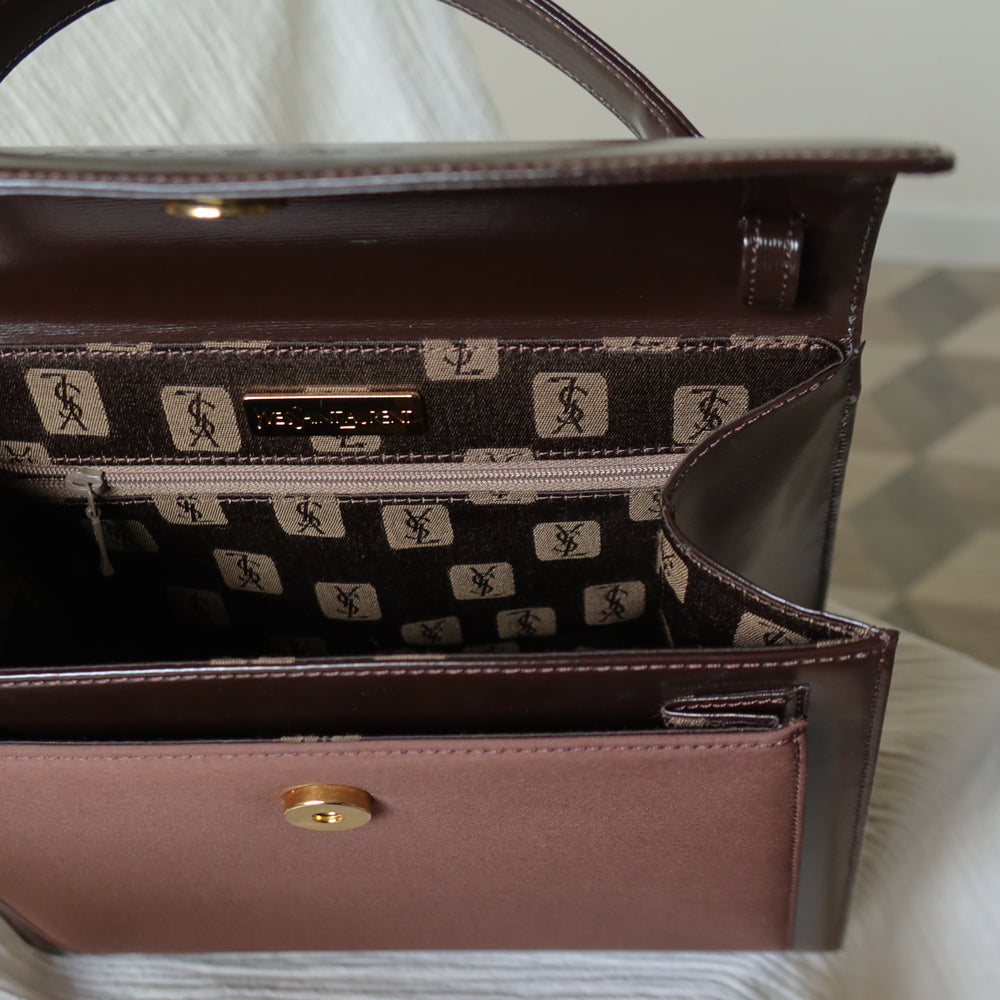 YSL Saint Laurent Vintage Brown Leather Boxy 2way Top Handle Flap Bag