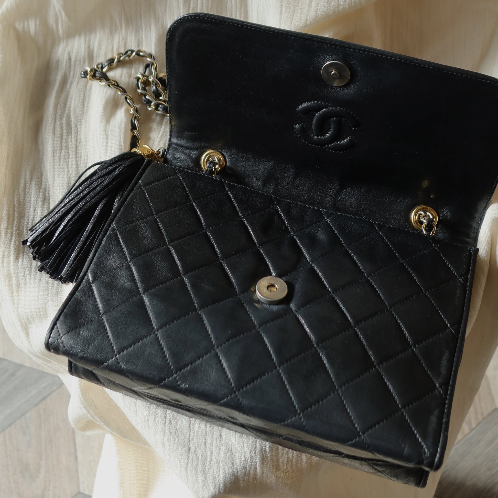 Chanel Vintage Gold Chain Tassel Black Lambskin Flap Bag