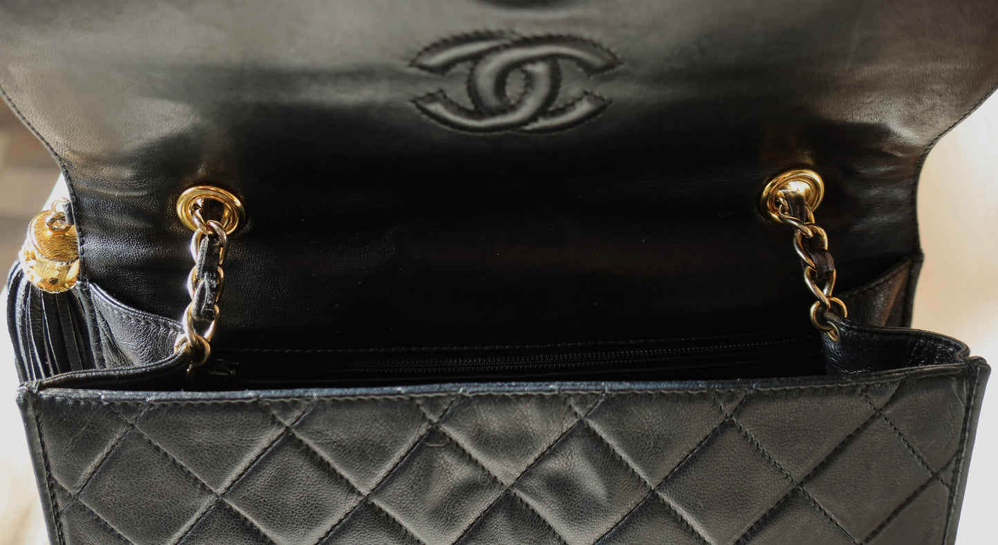 Chanel Vintage Gold Chain Tassel Black Lambskin Flap Bag
