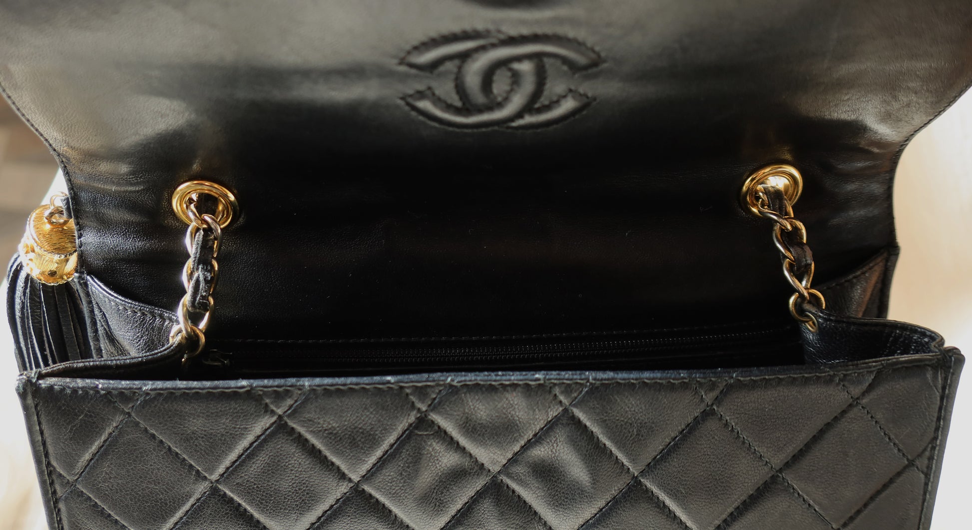 Chanel Vintage Gold Chain Tassel Black Lambskin Flap Bag