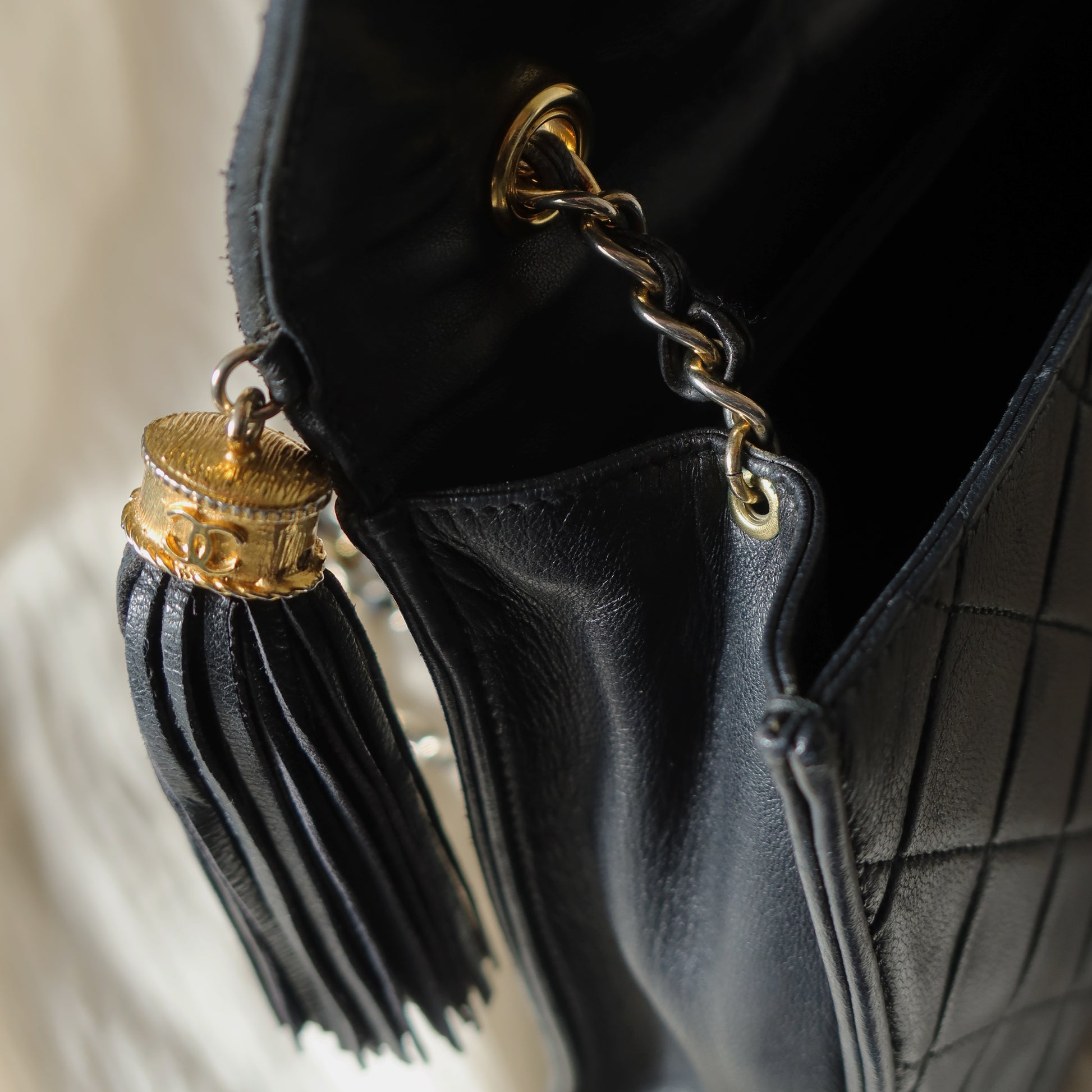 Chanel Vintage Gold Chain Tassel Black Lambskin Flap Bag