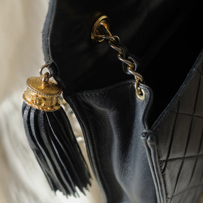Chanel Vintage Gold Chain Tassel Black Lambskin Flap Bag