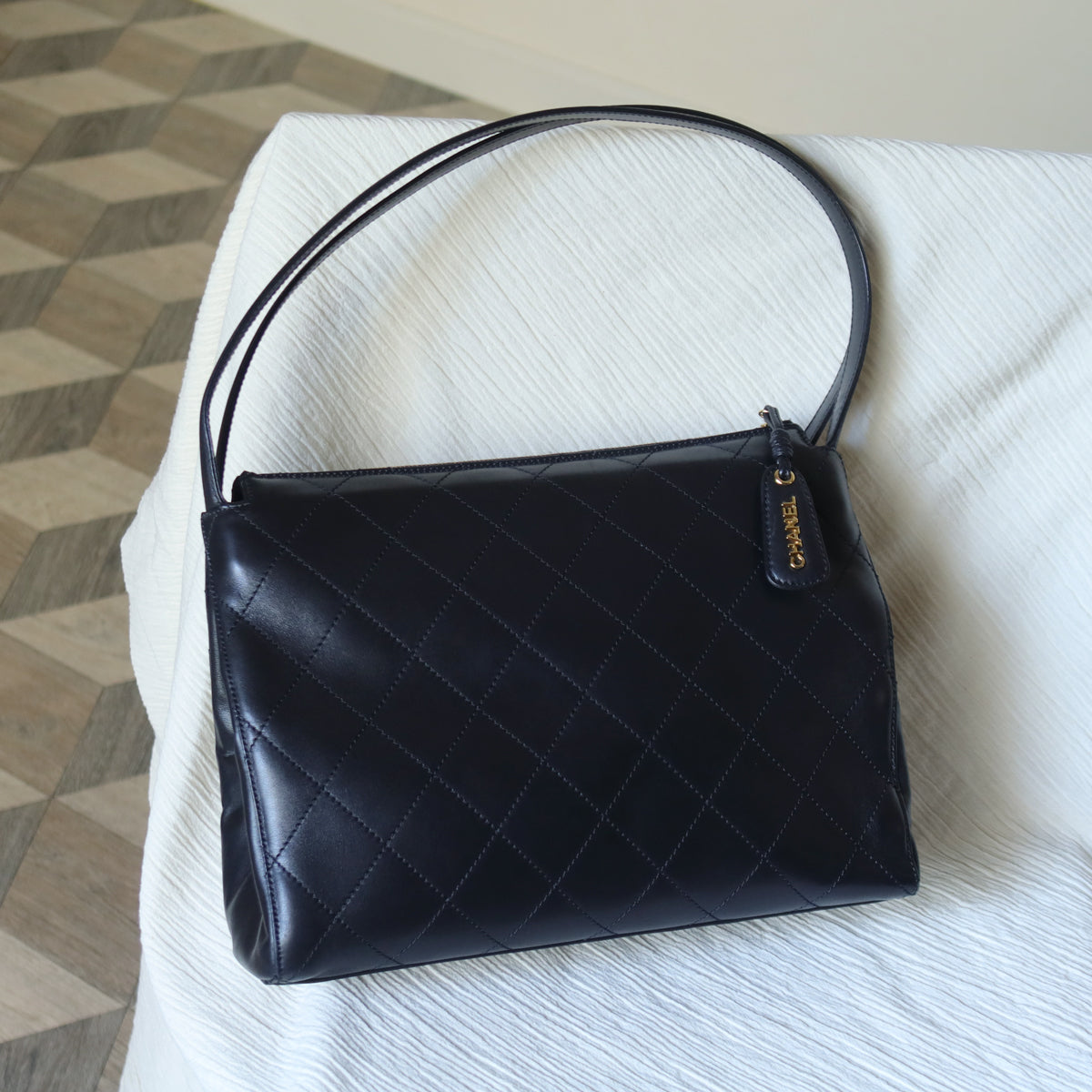 Rare Chanel Vintage Classic Black Calfskin Diamond Stitched CC Charm Shoulder Bag