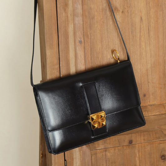 Vintage Hermès 1982 Black Médor Clutch Shoulder 2way Flap Bag