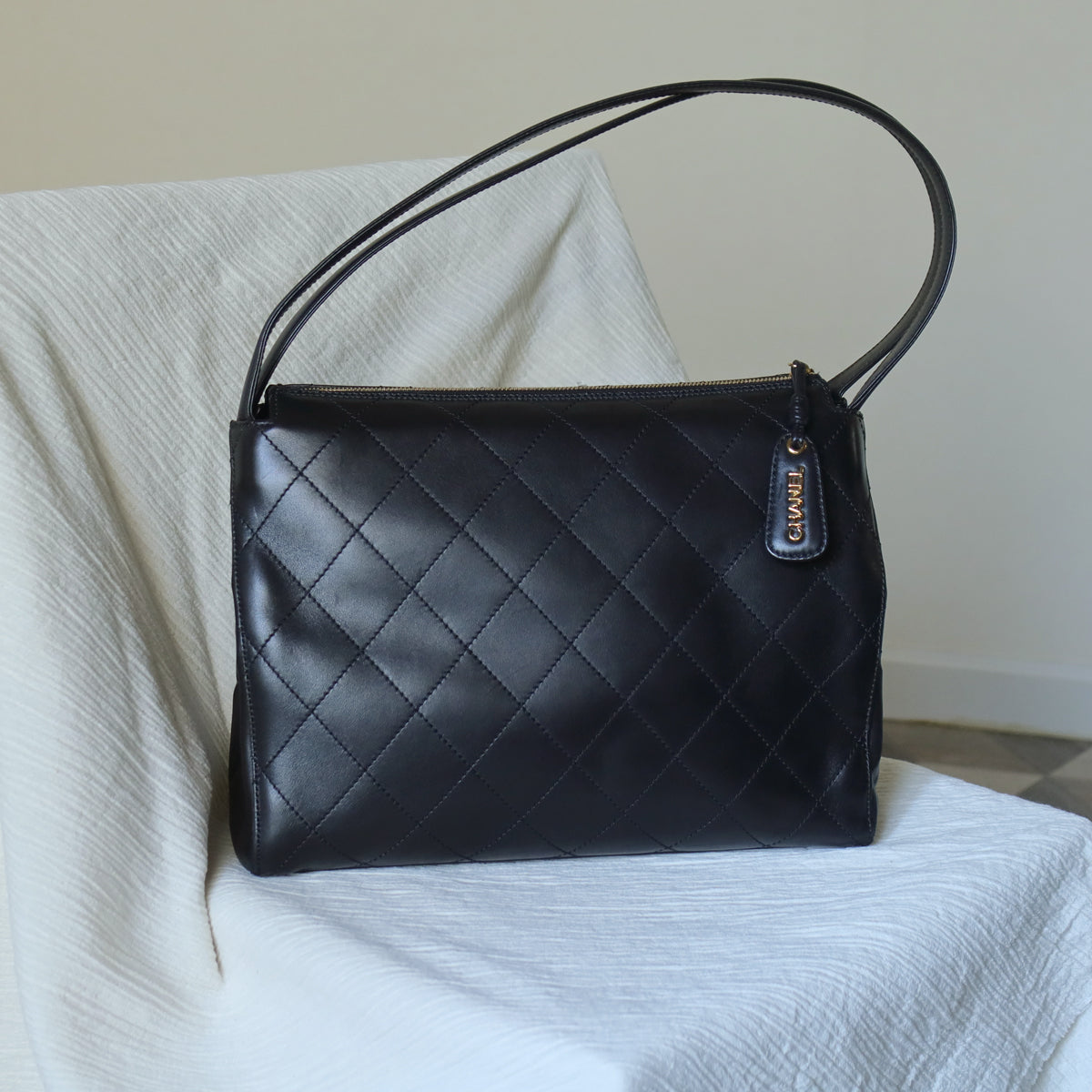 Rare Chanel Vintage Classic Black Calfskin Diamond Stitched CC Charm Shoulder Bag