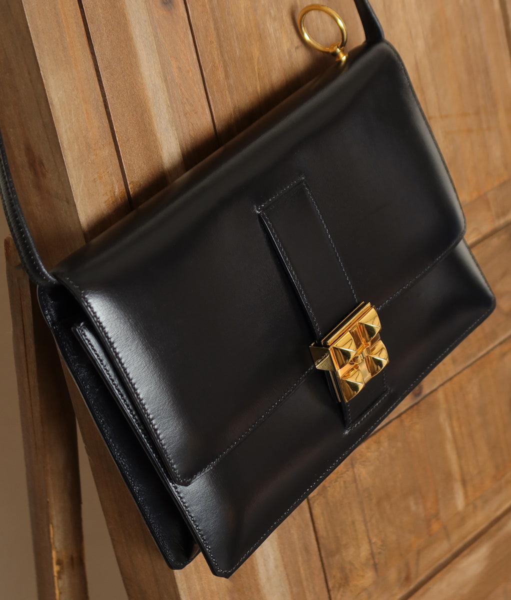 Vintage Hermès 1982 Black Médor Clutch Shoulder 2way Flap Bag