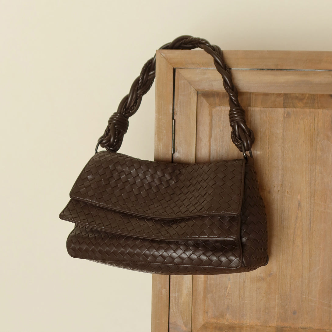 Bottega Veneta Vintage Dark Brown Intrecciato Double Flap Shoulder Bag