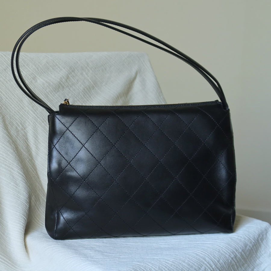 Rare Chanel Vintage Classic Black Calfskin Diamond Stitched CC Charm Shoulder Bag