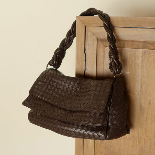 Bottega Veneta Vintage Dark Brown Intrecciato Double Flap Shoulder Bag