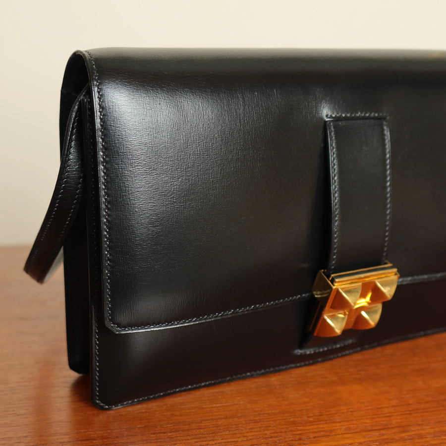 Vintage Hermès 1982 Black Médor Clutch Shoulder 2way Flap Bag
