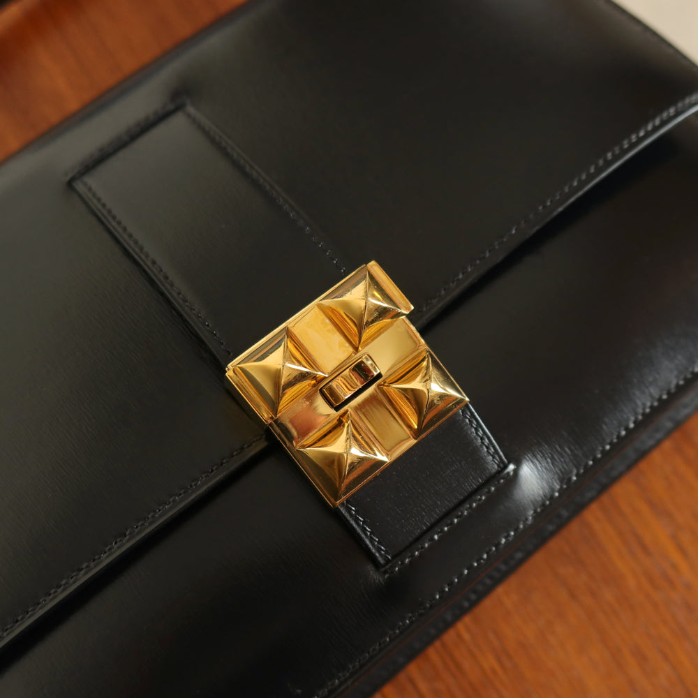 Vintage Hermès 1982 Black Médor Clutch Shoulder 2way Flap Bag