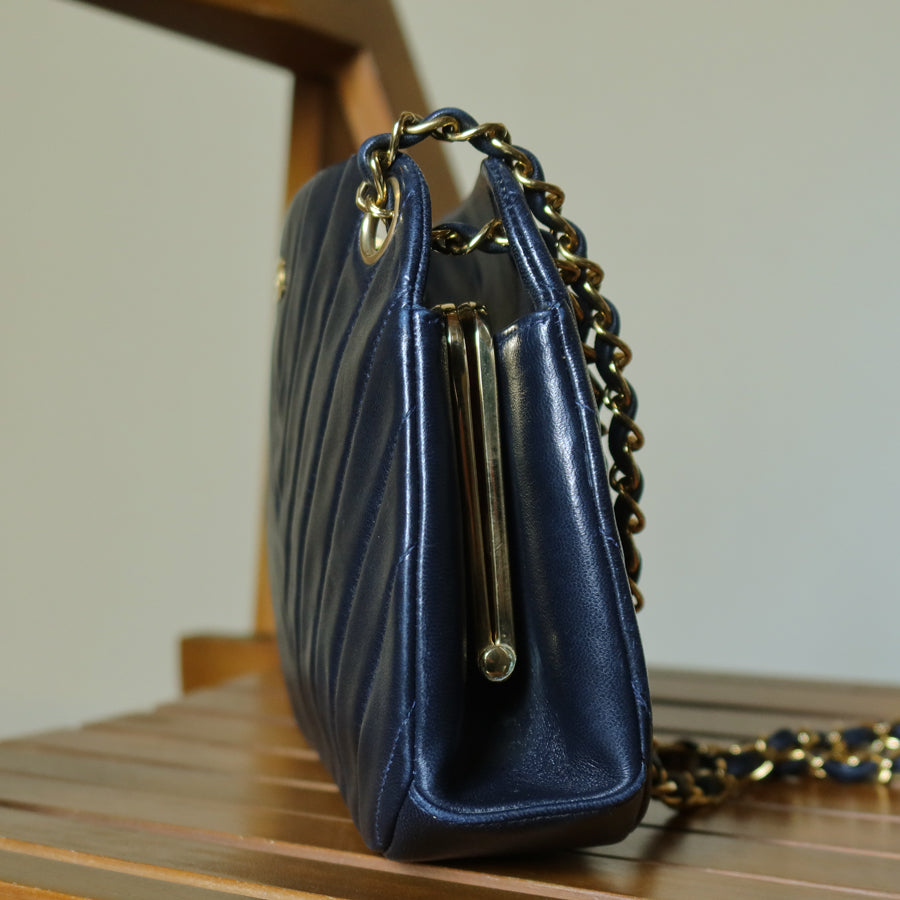 Chanel Vintage Dark Navy Lambskin Classic Chevron Quilted Kiss Lock 2way Bag