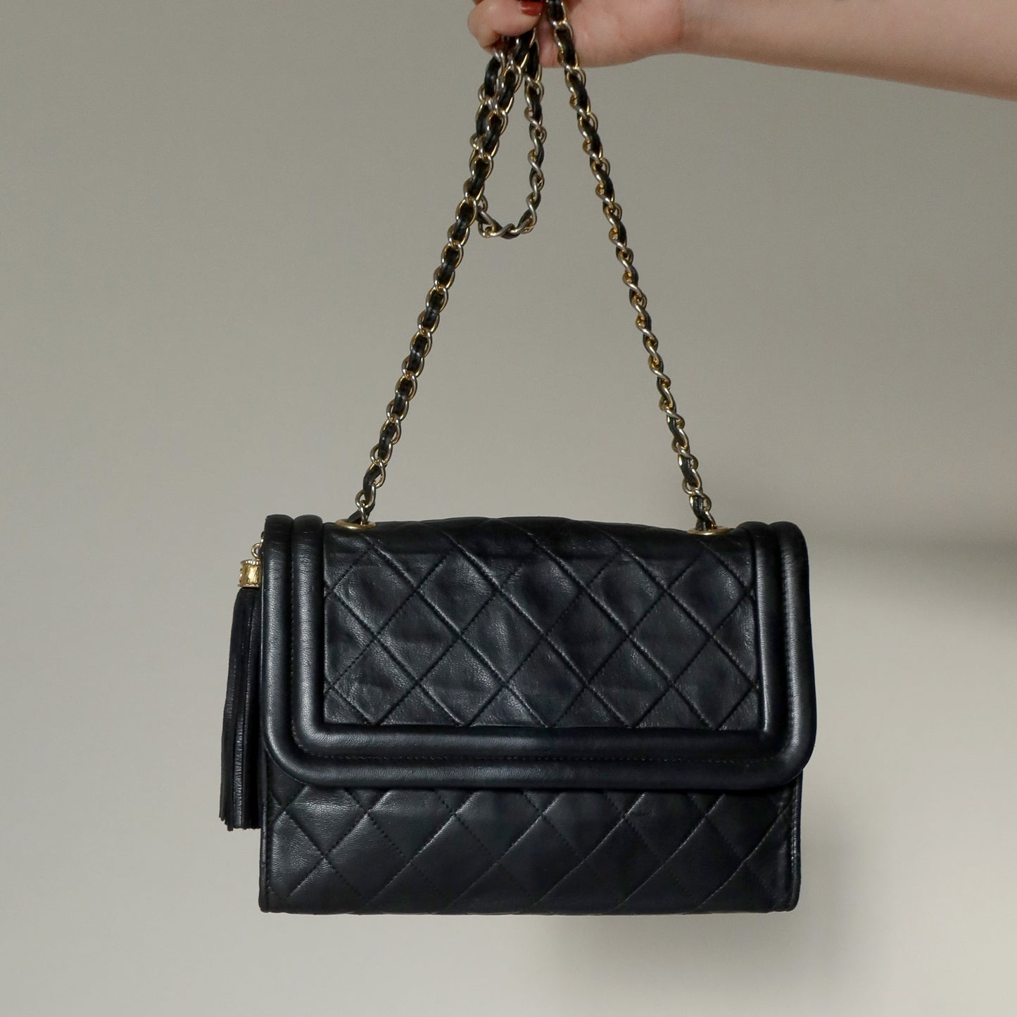 Chanel Vintage Gold Chain Tassel Black Lambskin Flap Bag