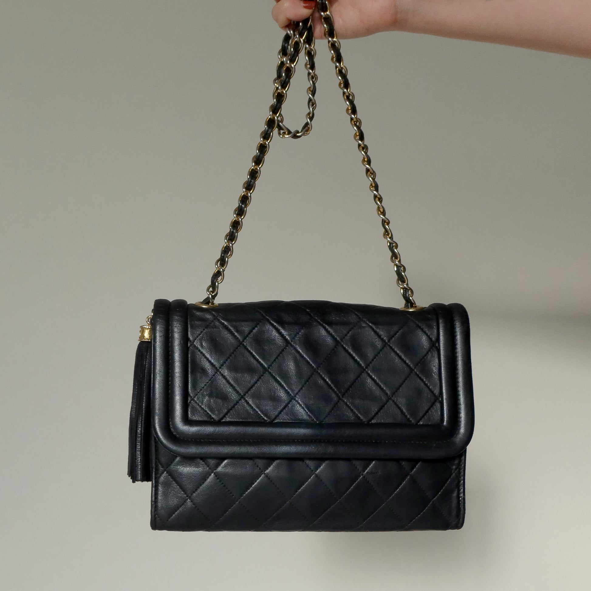 Chanel Vintage Gold Chain Tassel Black Lambskin Flap Bag