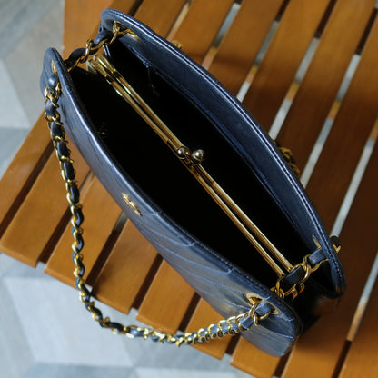 Chanel Vintage Dark Navy Lambskin Classic Chevron Quilted Kiss Lock 2way Bag
